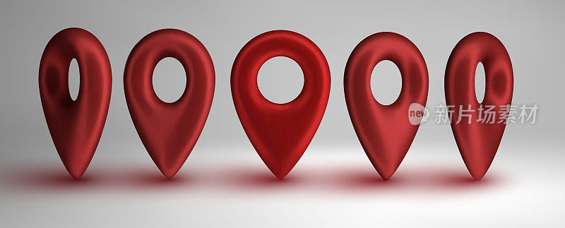 红色地图指针集孤立在白色背景。位置图标的概念。GPS 3d指针大设置。向量3 d演示。